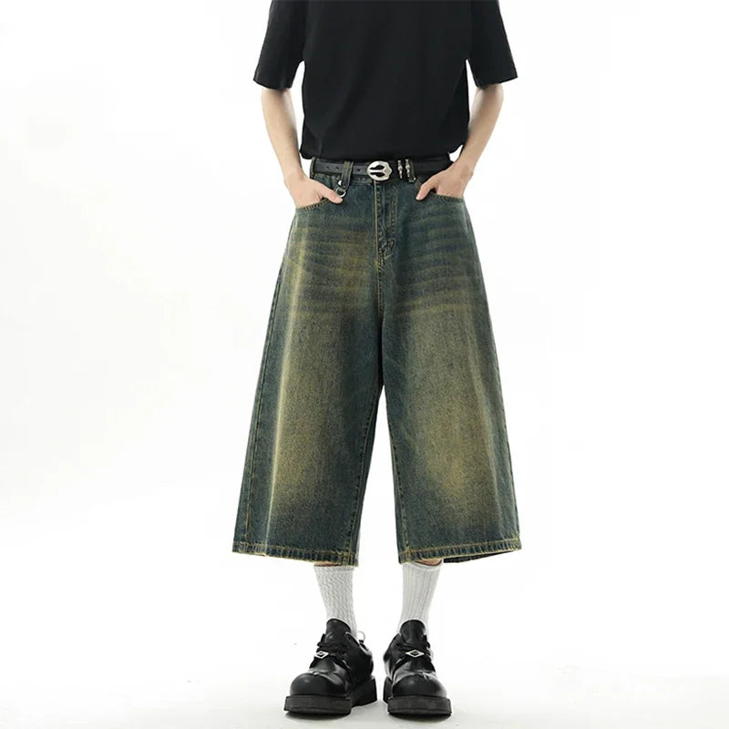 Short en Denim Baggy pour hommes, mode rétro décontractée, ample, jambes larges, longueur mollet, Streetwear Y2K, Style coréen