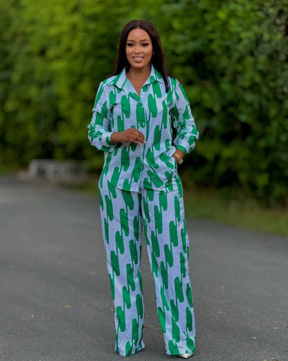 Ensemble deux pièces imprimé à rayures pour femmes, mode africaine, décontracté, boutons, manches longues, chemise, jambes larges, pantalon, printemps automne