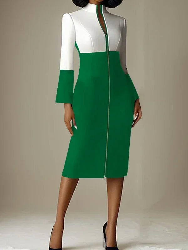 Krisstar 2025 nouvelles robes moulantes pour femmes couleur contrastée col en v avec fermeture éclair manches longues Occasion formelle bureau robes mi-longues