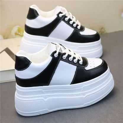 Baskets épaisses en cuir véritable pour femmes, talons hauts cachés blancs, chaussures à plateforme compensée, printemps, automne, été, 10cm, 12cm