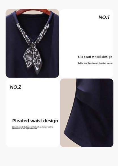 T-Shirt à manches courtes et col en V pour femme, écharpe structurée, épaules froncées, cravate à la taille, amincissante, nouvelle collection 2025