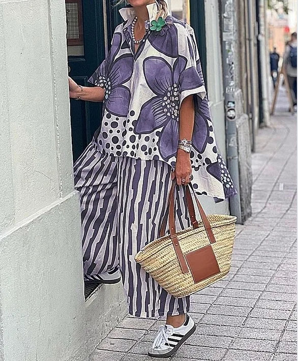 2025 femmes décontracté nouvelle impression ample deux pièces ensembles 2025 printemps et été revers manches courtes ensemble femme mode 2 pièces ensemble