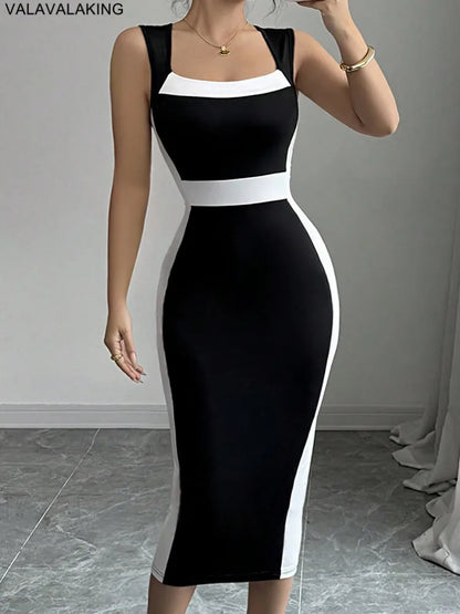 Dame Sexy solide Patchwork moulante longue robe femmes col carré sangle Club robe dame été soirée robe serrée Clubwear