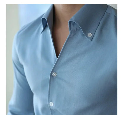 Chemise à col italien pour hommes, sans plis, décontractée, à la mode, coupe ajustée avec un Design à revers, vêtements de marque, pour jeunes, nouveau