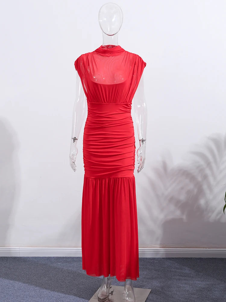 Robe longue de soirée plissée rouge Chic, élégante, manches volantes, maille, Patchwork, Maxi, vacances d'été, plage