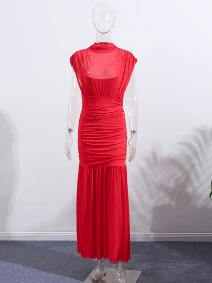 Robe longue de soirée plissée rouge Chic, élégante, manches volantes, maille, Patchwork, Maxi, vacances d'été, plage