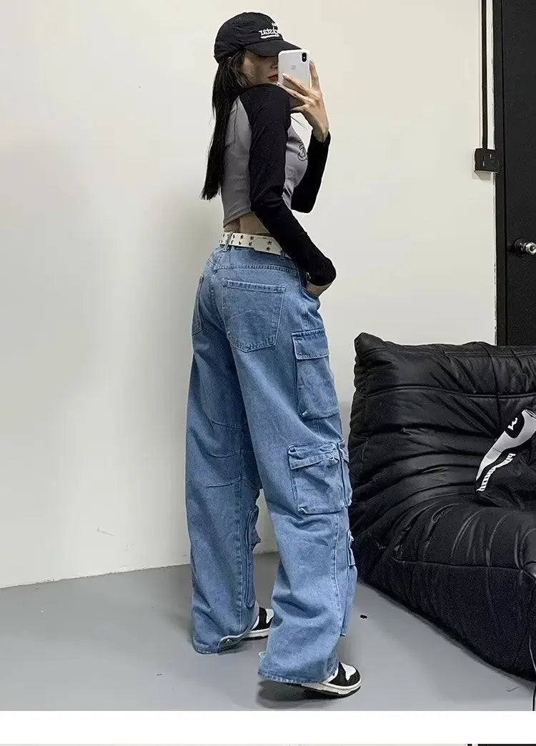 Jean Baggy à jambes larges pour femmes, pantalon Cargo multi-poches, nouvelle mode Harajuku Y2K, Streetwear, jean bleu délavé, 2025