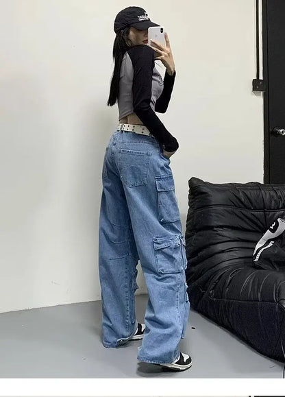 Jean Baggy à jambes larges pour femmes, pantalon Cargo multi-poches, nouvelle mode Harajuku Y2K, Streetwear, jean bleu délavé, 2025