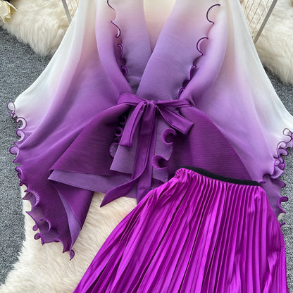 Miyake pli changement progressif couleur bord ondulé costume soleil jupe plissée à la mode et élégant deux pièces ensembles tenues pour femmes