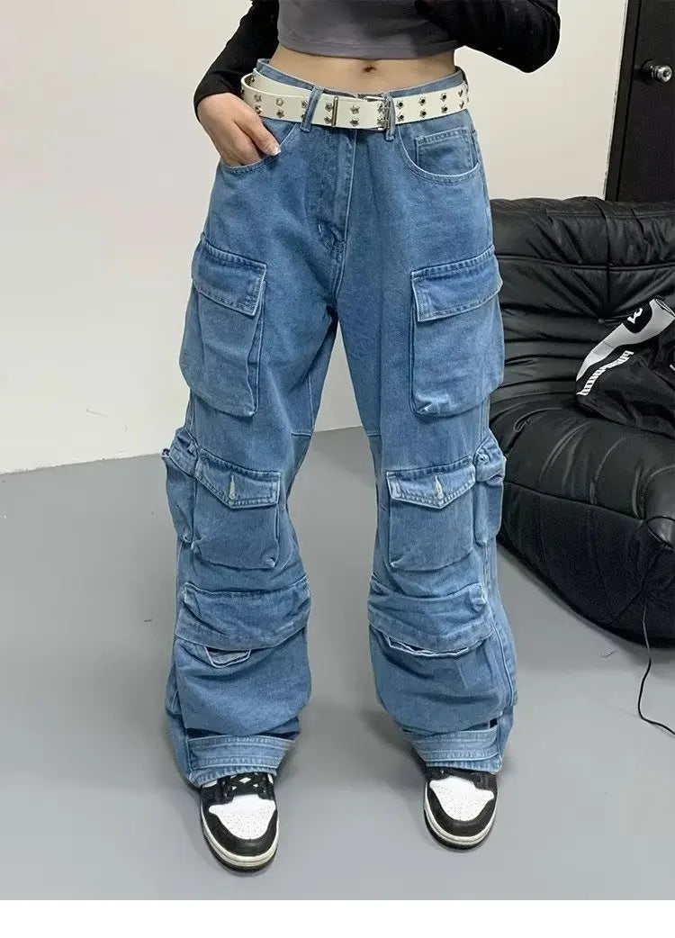 Jean Baggy à jambes larges pour femmes, pantalon Cargo multi-poches, nouvelle mode Harajuku Y2K, Streetwear, jean bleu délavé, 2025