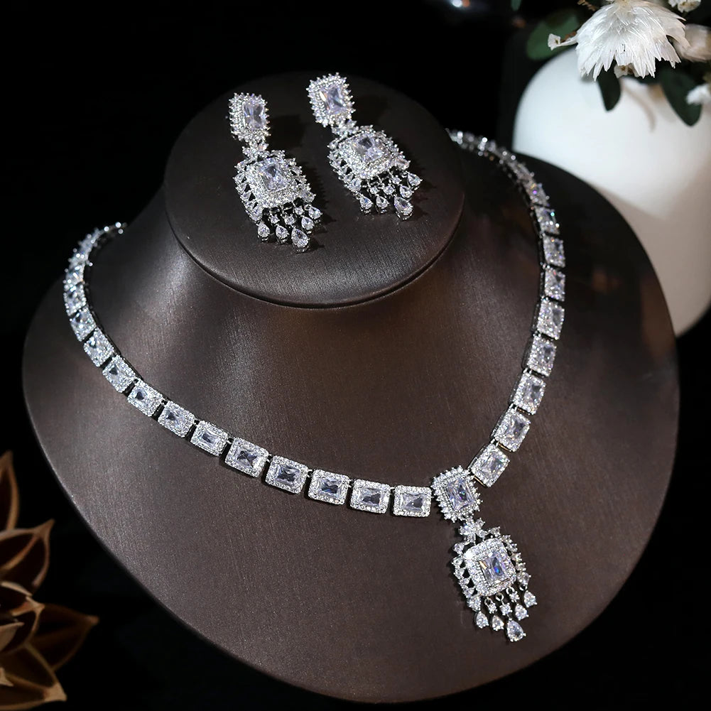 ASNORA nouveau luxe vert bleu rouge CZ pierre boucles d'oreilles collier 2 pièces grande longue goutte mariage robe de mariée ensemble de bijoux pour les femmes