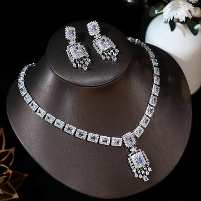 ASNORA nouveau luxe vert bleu rouge CZ pierre boucles d'oreilles collier 2 pièces grande longue goutte mariage robe de mariée ensemble de bijoux pour les femmes