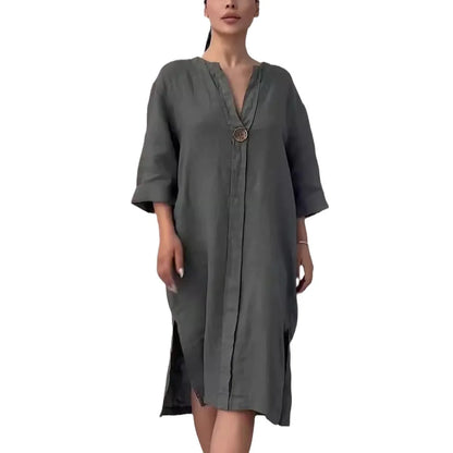 Robe longue décontractée en coton et lin pour femmes, couleur unie, col rond, boutons, nouvelle collection
