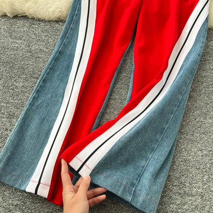 Ensemble pantalon deux pièces pour femmes, col rond, assorti, sweat-shirt, hauts, jambes larges, pantalons longs, décontracté, ample, taille élastique, Denim