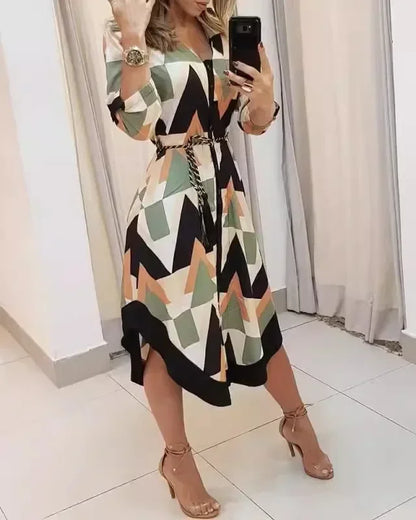 CommPiedmont-Robe d'été élégante pour femme, manches longues, revers, mode, rayure, imprimé, à lacets, décontracté, vacances, fête