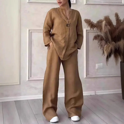 Ensemble deux pièces en coton et lin pour femmes, confortable, ample, haut, pantalon à jambes larges, décontracté, à la mode, costumes, tenues de printemps et d'été
