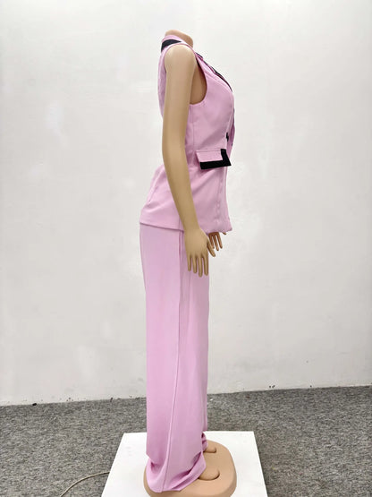 BS -  mode femmes ensemble rayé Patchwork sans manches débardeur Blazer haut et pantalon à jambes larges costume 2025 deux 2 pièces ensembles tenues