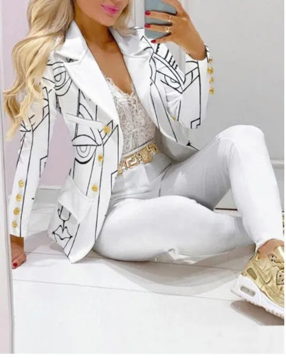 Veste crayon taille haute à double boutonnage pour femme, col imbibé, blanc tempérament, mode Piedmont, printemps et été, 2 pièces