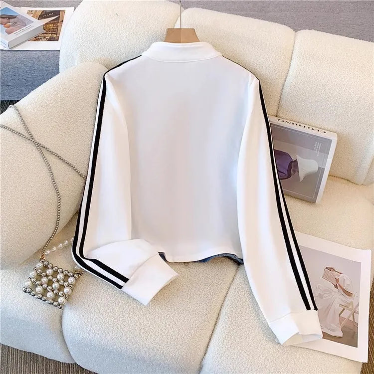 Ensemble pantalon femmes deux pièces ensembles Denim épissure fermeture éclair ensembles assortis manteaux décontractés jambe large pantalons longs à lacets taille élastique 2025