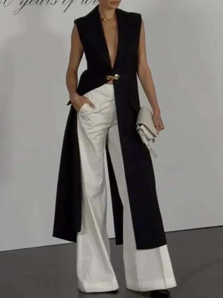 Freeacy solide noir sans manches gilet vêtements d'extérieur pour les femmes revers col en v profond manteau Extra-long 2025 printemps et été hauts à la mode