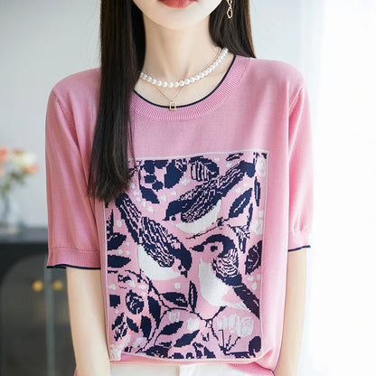 2025 été nouveau 100% Lyocell femmes à manches courtes décontracté col rond jacquard dessin animé T-shirt lâche hauts en tricot pull t-shirts cool