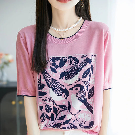 2025 été nouveau 100% Lyocell femmes à manches courtes décontracté col rond jacquard dessin animé T-shirt lâche hauts en tricot pull t-shirts cool