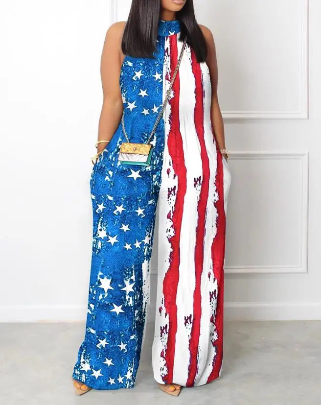 Combinaison décontractée à col montant pour femme, fibres de poche, imprimé abstrait, non commandé, jambe large, 03, 2023