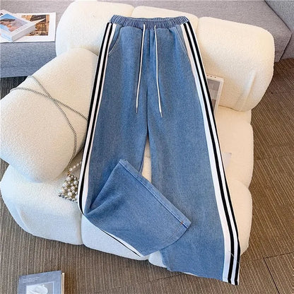 Ensemble pantalon femmes deux pièces ensembles Denim épissure fermeture éclair ensembles assortis manteaux décontractés jambe large pantalons longs à lacets taille élastique 2025