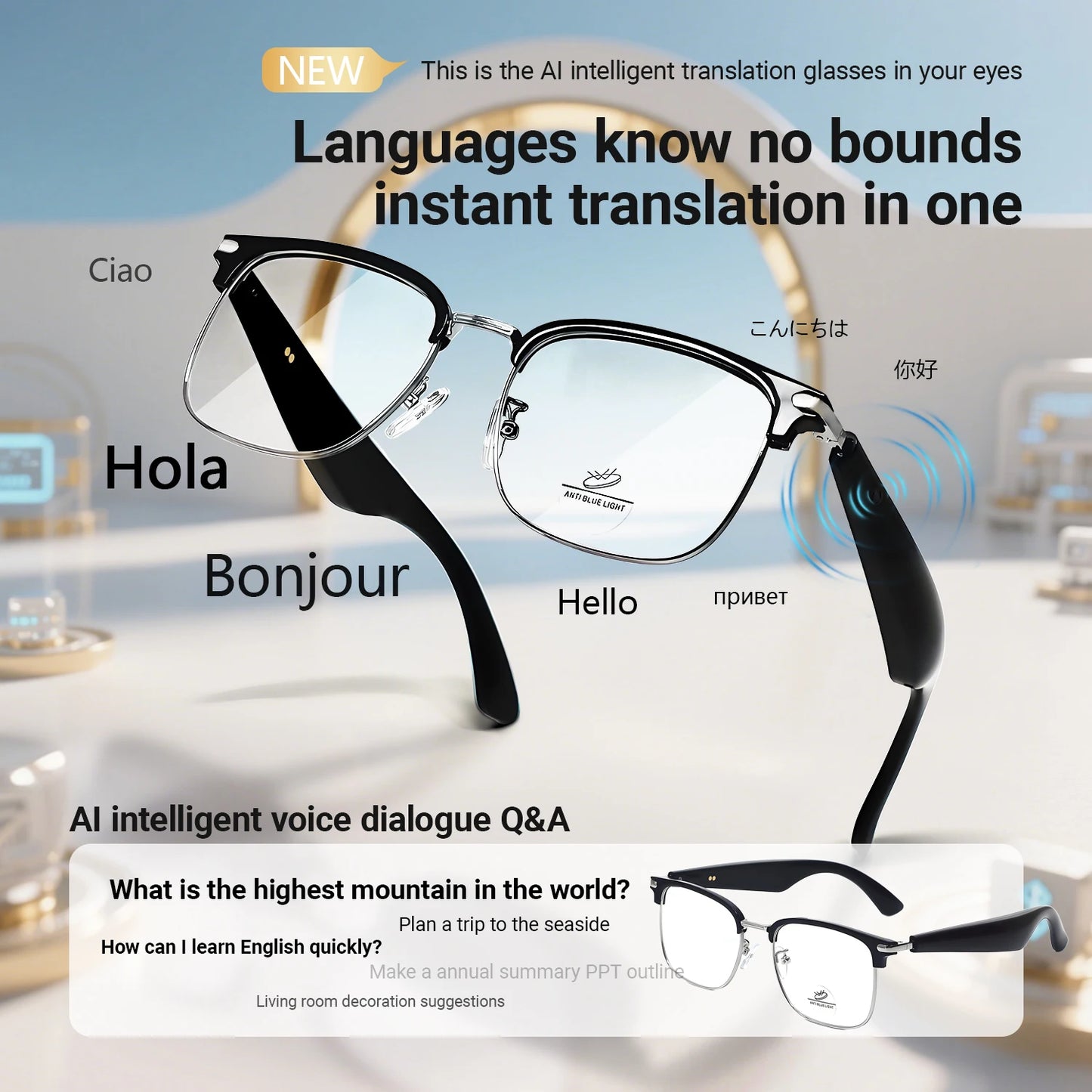 Lunettes intelligentes AI, traduction multilingue, réponse au téléphone, écouter de la musique, Protection des yeux d'été, lumière bleue, lunettes de mode
