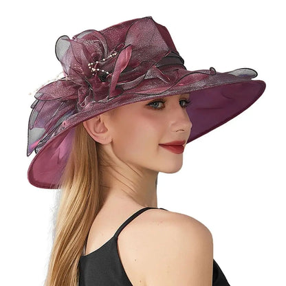 Chapeau Derby à fleurs de couleur unie pour femmes, en Organza à large bord, à volants, chapeau de soleil pliable, Protection UV, pour fête de thé, mariage