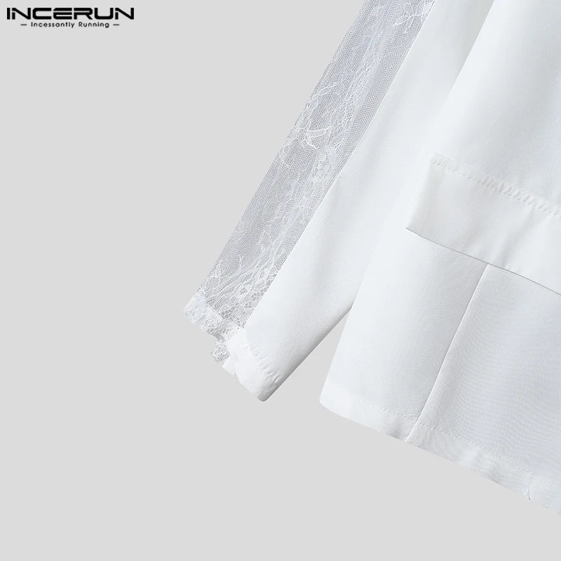 INCERUN hauts 2024 Style américain mode hommes Perspective dentelle épissage conception costume manteaux décontracté solide à manches longues Blazer S-5XL