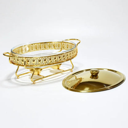 Plat de service en verre en acier inoxydable, petit réchaud, chauffe-plats, Buffet de luxe, ovale doré, hôtel, bol à friction de mariage