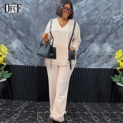 Ensemble deux pièces africain pour femme, pantalon long, ample, noir, poche, col en V, manches longues, grande taille, costume de vacances, sexe, nouveau, 2024