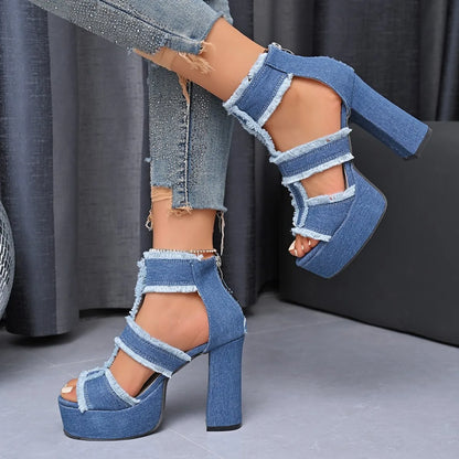 Sandales Peep Parker à talons hauts pour femmes, chaussures à plateforme, sangle de rinçage en denim bleu, mode extérieure sexy, été, nouveau