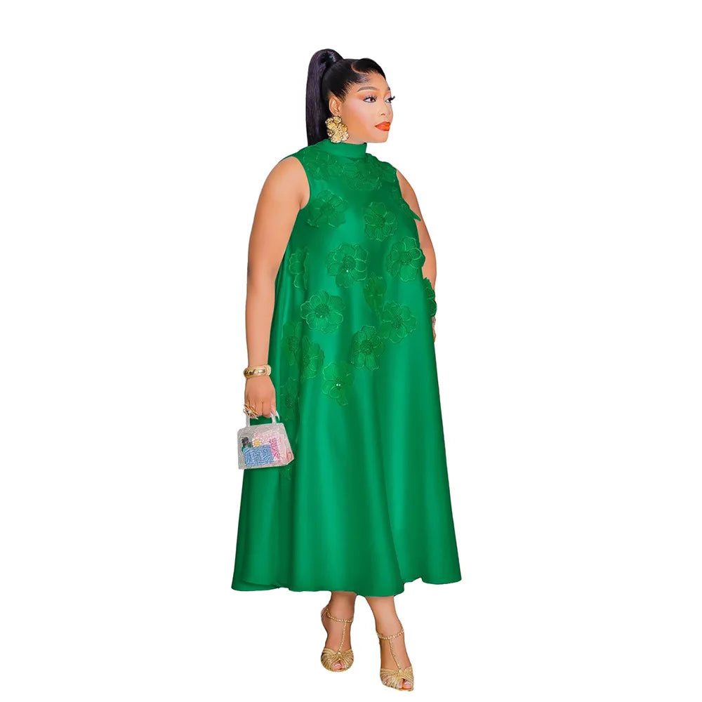 CM.YAYA femmes élégantes sans manches en vrac 3D fleur col rond robe 2025 été moulante rue africaine Midi Maxi robes longues robes