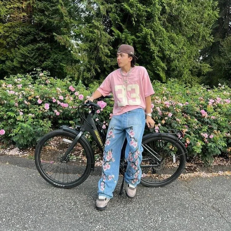 Y2K Baggy Jeans Harajuku vintage fleur de cerisier broderie haute qualité jeans streetwear Hip Hop gothique hommes femmes jeans à jambes larges