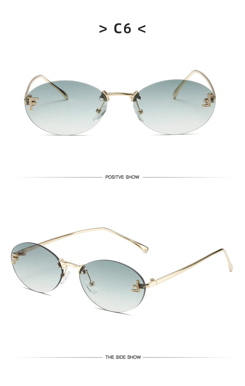 Lunettes de soleil noires sans bords avec petite lettre ovale en diamant «F» pour femmes, marque de luxe, monture métallique, lunettes de soleil Unsiex, nuances élégantes UV400
