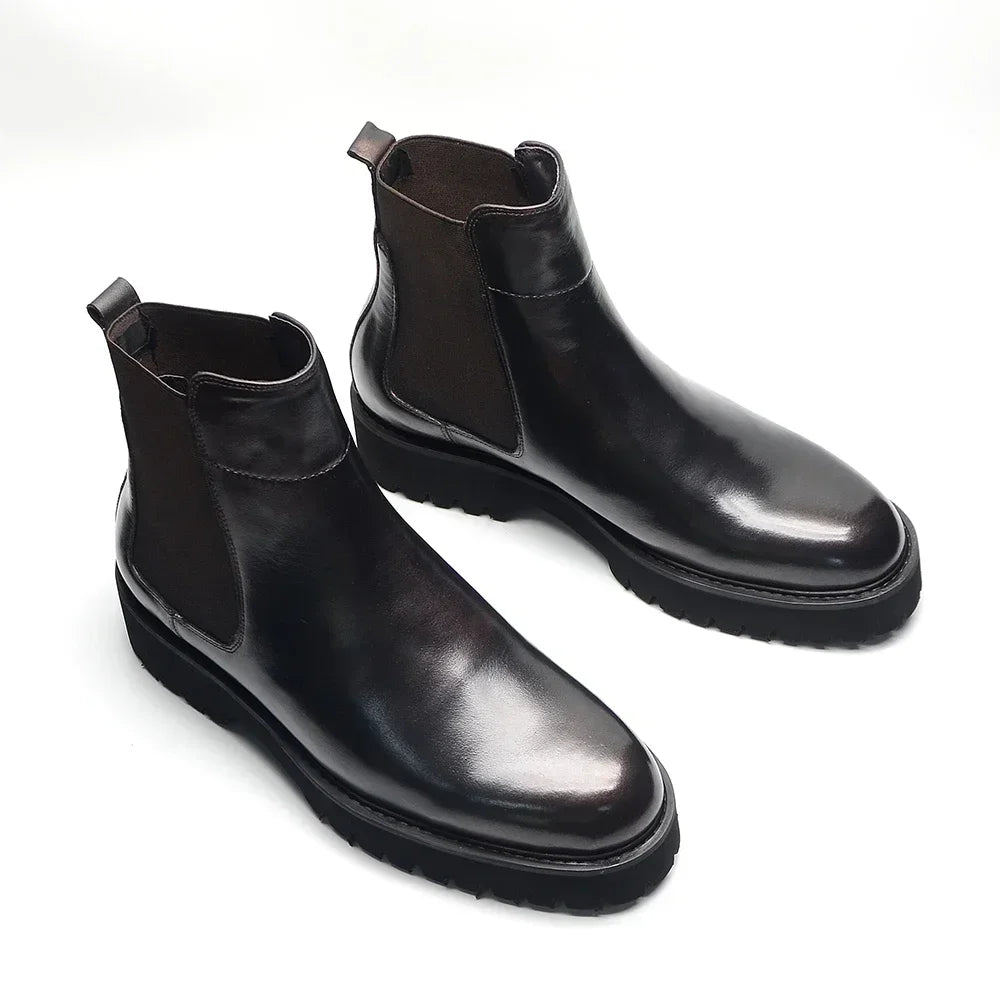 Bottes Chelsea montantes de Style britannique pour hommes, chaussures classiques de luxe en cuir véritable avec bande élastique pour augmenter la hauteur, automne et hiver