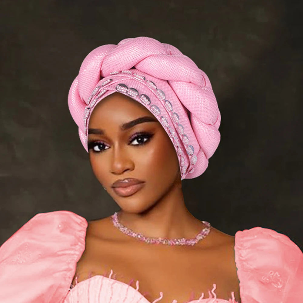 Couvre-chef africain Auto Gele déjà fabriqué, Turban brillant pour femmes, Hijab nigérian tressé, couvre-chef pour fête de mariage