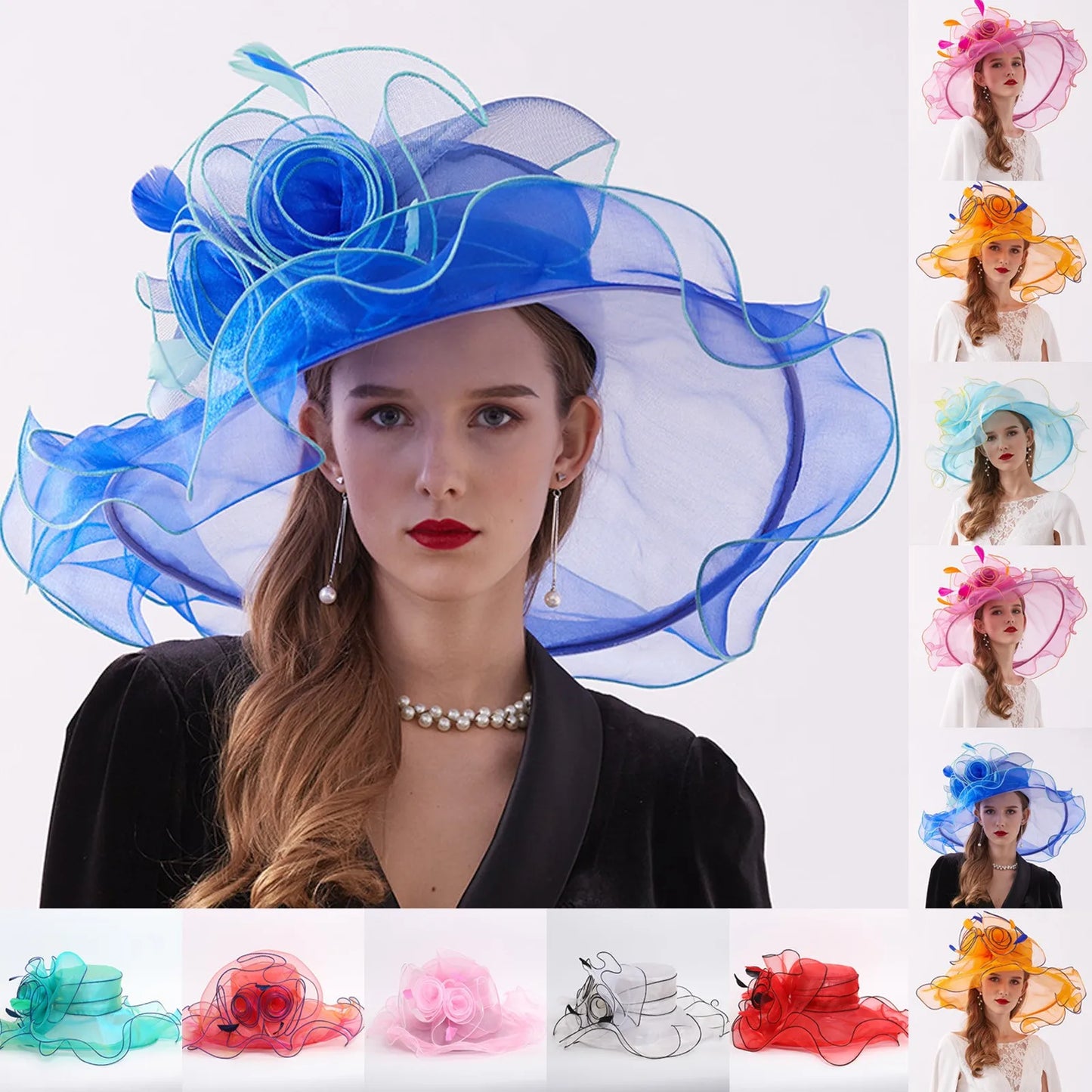 Femmes élégantes chapeau de soleil Organza Fedoras été chapeaux de soleil femmes Kentucky Derby large bord casquette de plage mariage Cocktail thé fête chapeaux