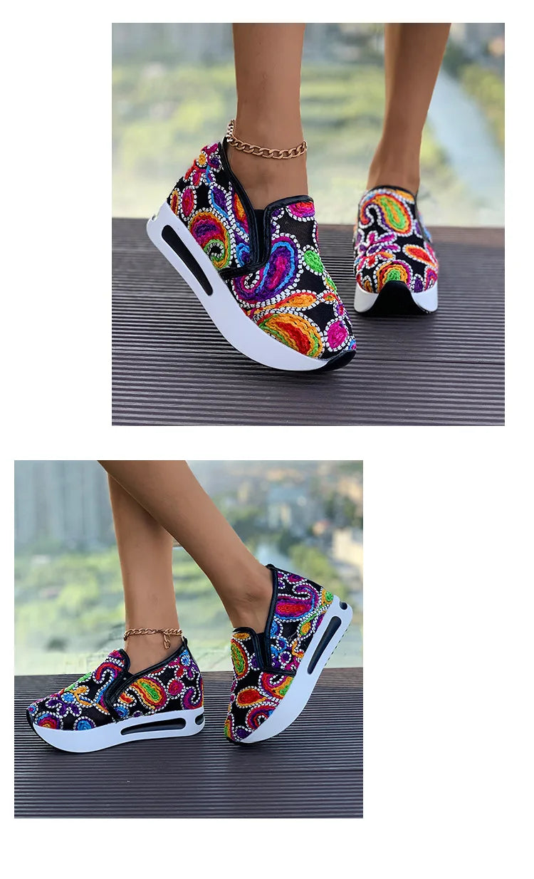 Femmes baskets nouvelle broderie plate-forme épaisse baskets femmes respirant maille mocassins printemps automne sans lacet chaussures décontractées pour les femmes