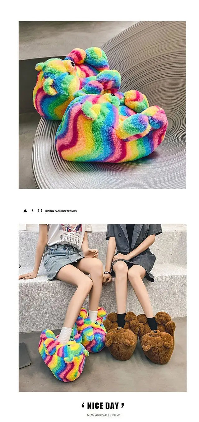 Pantoufles roses en fourrure d'animal à enfiler, chaussures d'ours moelleuses pour la maison, pantoufles d'intérieur chaudes et pelucheuses, tongs de maison, expédition rapide