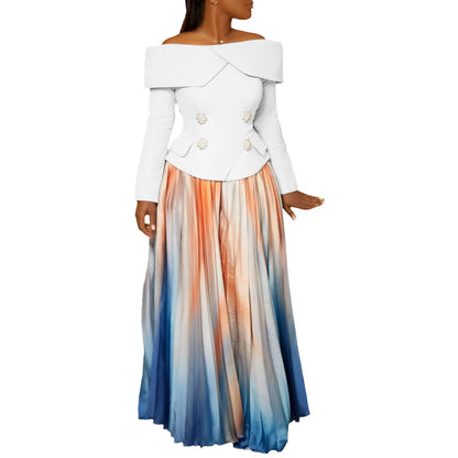 BS - Ensemble à manches longues et col slash pour femme, jupes longues plissées dégradées, ensemble de rue, tenues d'avocat africain, 2 pièces