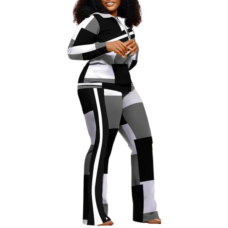 Ensemble de pantalons longs droits pour femmes, fermeture éclair imprimée, col montant, gaine, manches longues, décontracté, automne, hiver, 2024