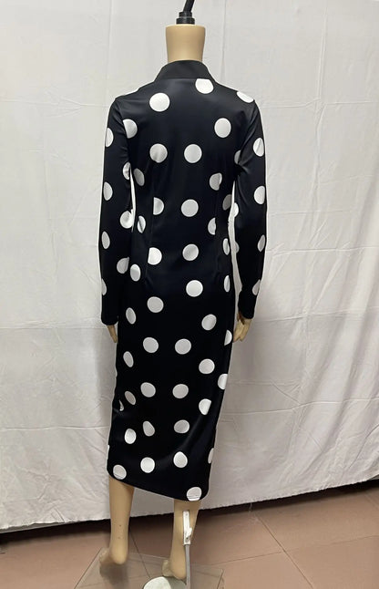 Robes moulantes élégantes à pois pour femmes, coupe en V, manches longues, taille haute, ceinture, bureau, robe de soirée à la mode