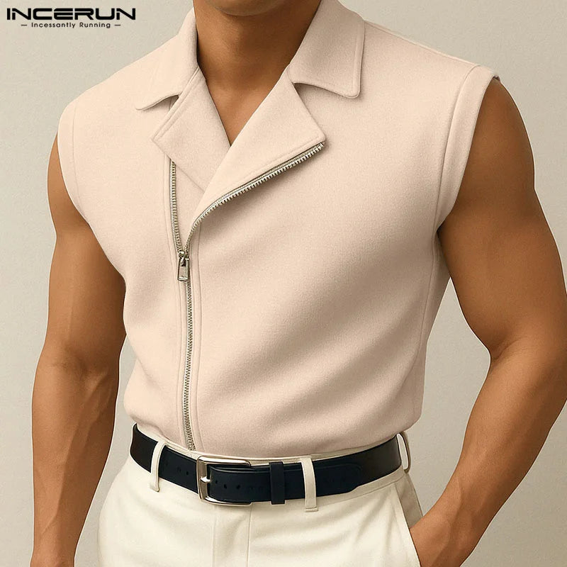 INCERUN hauts sans manche t-shirt été hommes débardeurs couleur unie fermeture éclair revers gilets hommes hauts surdimensionné vêtements pour hommes Streetwear