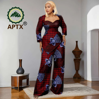 Ensemble deux pièces imprimé africain Ankara pour femmes, haut à manches neuf quarts et pantalon longueur au sol, ensemble décontracté Dashiki avec boucles d'oreilles