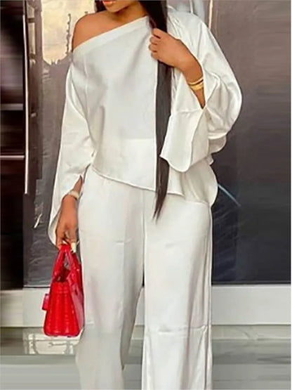 Ensemble Deux Pièces Élégant pour Femme, Couleur Unie, Manches Évasées, Sexy, Blouse, Haut + Pantalon à Jambes Larges, Costumes à la Mode, Automne