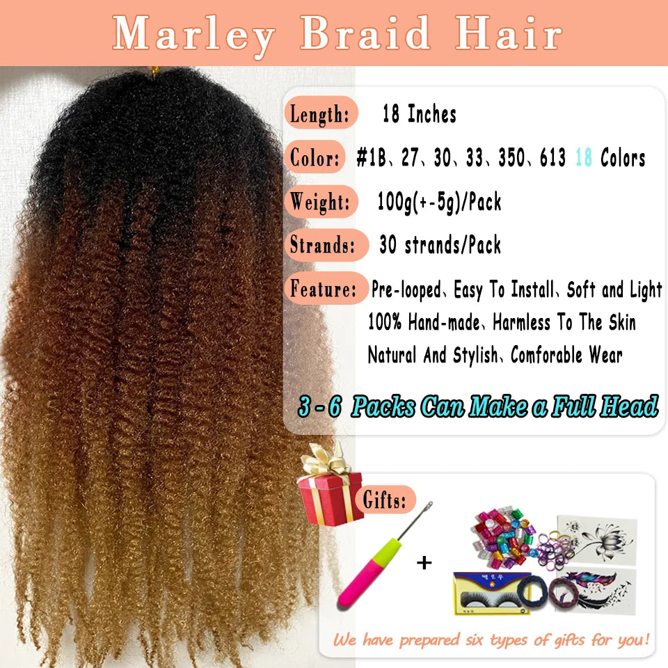 1 - 6 paquets de cheveux en crochet de twists Marley de 18 pouces, de noir et brun à blond, cheveux de tresse ombré Afro Marley synthétique, pour les tresses de mèches fausses