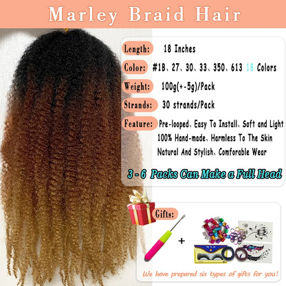 1 - 6 paquets de cheveux en crochet de twists Marley de 18 pouces, de noir et brun à blond, cheveux de tresse ombré Afro Marley synthétique, pour les tresses de mèches fausses